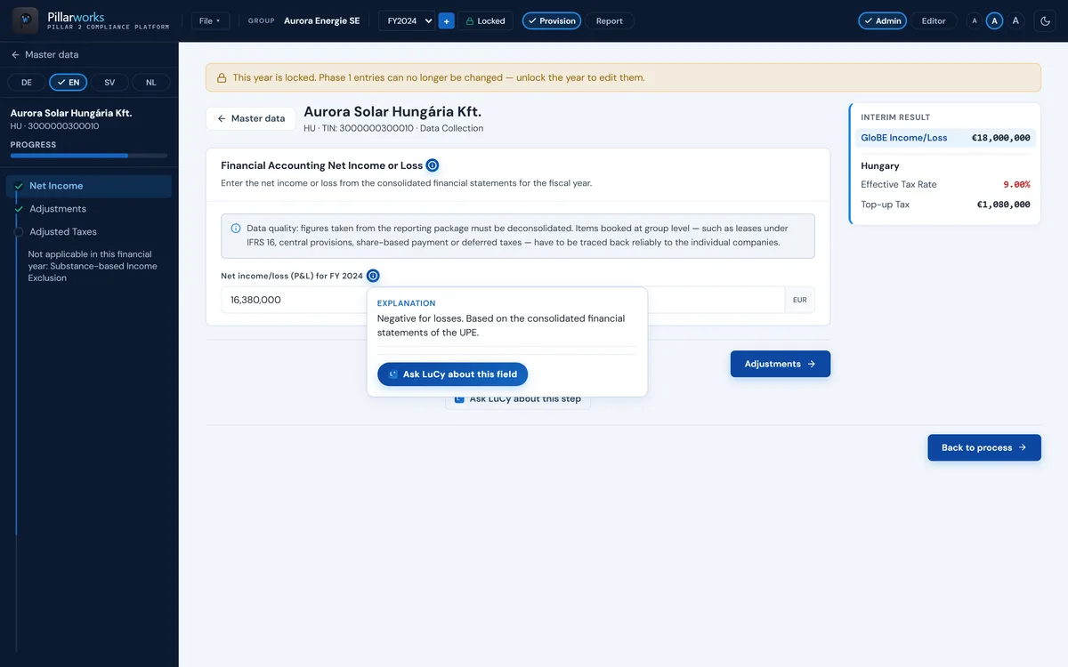 Pillarworks: data collection for an entity, net income field with the explanation opened and the button “Ask LuCy about this field”