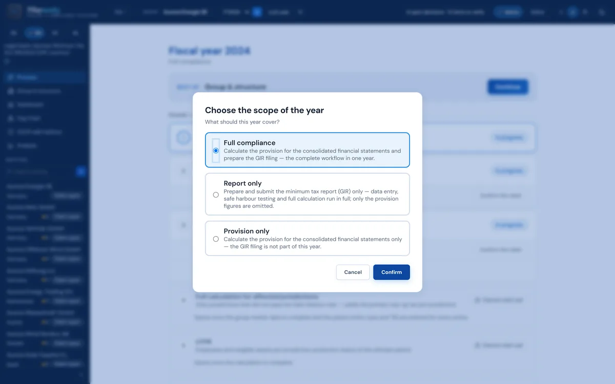 Pillarworks: dialog choosing the scope of the year with full compliance, report only and provision only